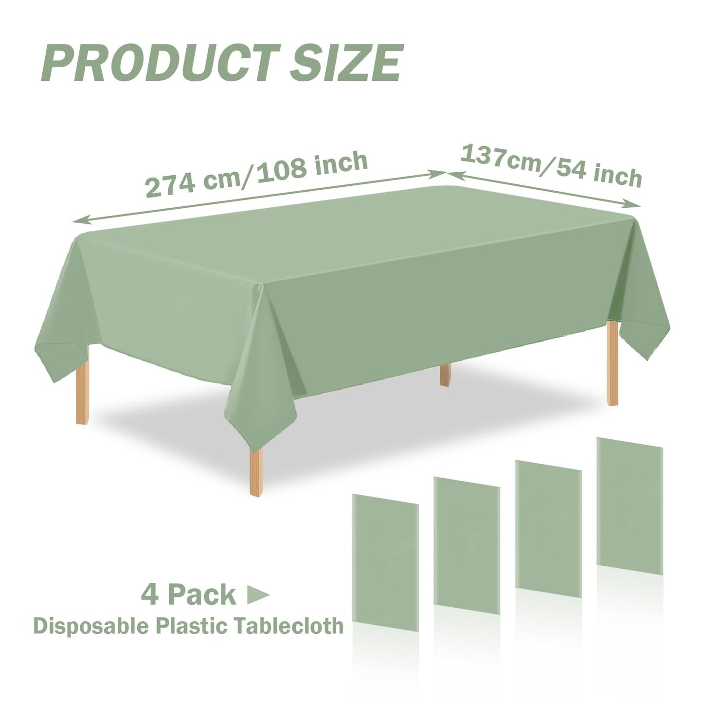 PUSAEN 4 Pack Sage Green Plastic Table Cloth Disposable Rectangle Tablecloth 54 x 108 Inch, Sage Green Plastic Table Covers for Birthday Wedding Banquet Picnic Holiday Party Decorations