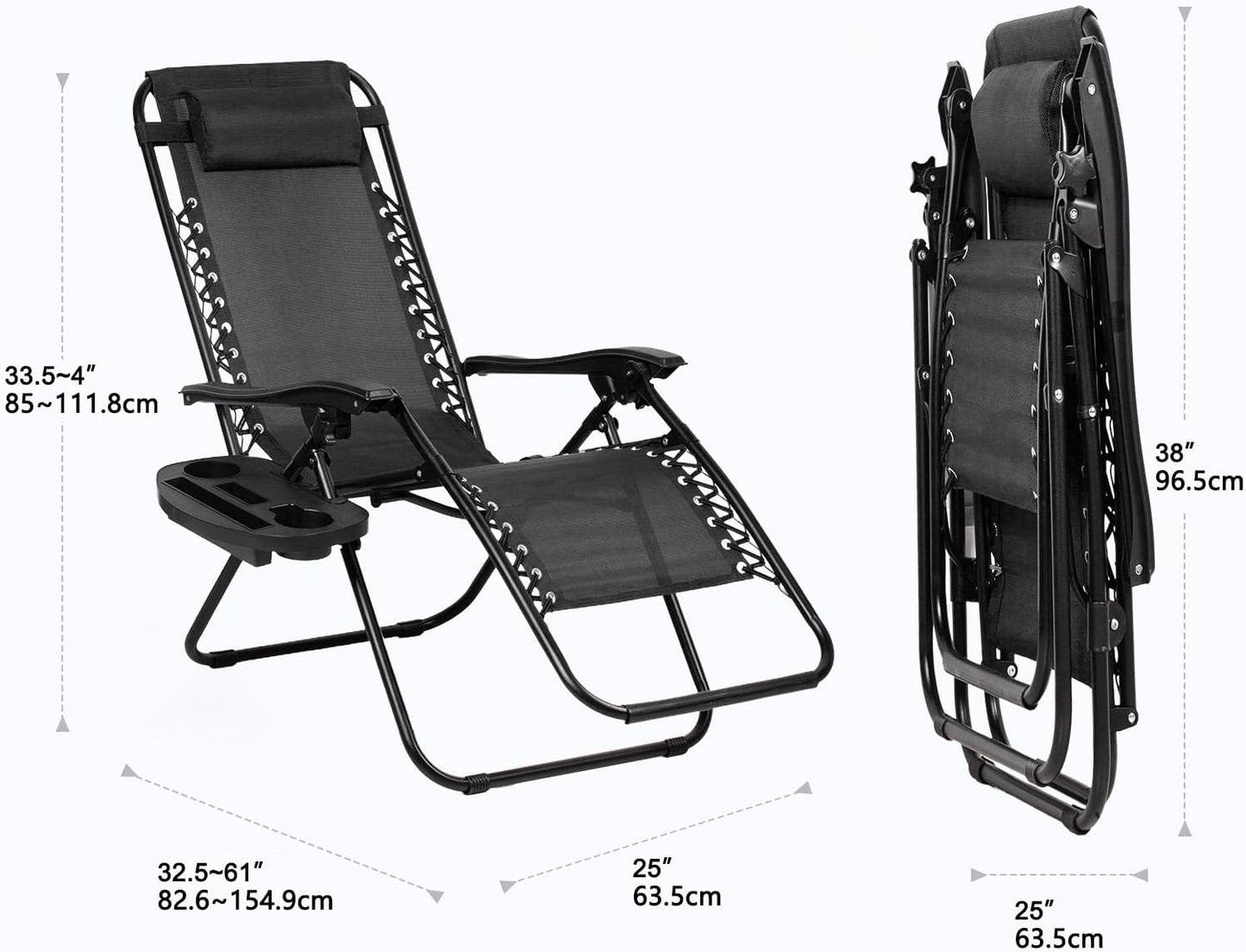 Nazhura Adjustable Zero Gravity Lounge Chairs - Set of 2 Relaxing Patio Recliners with Pillow & Cup Holder | Black