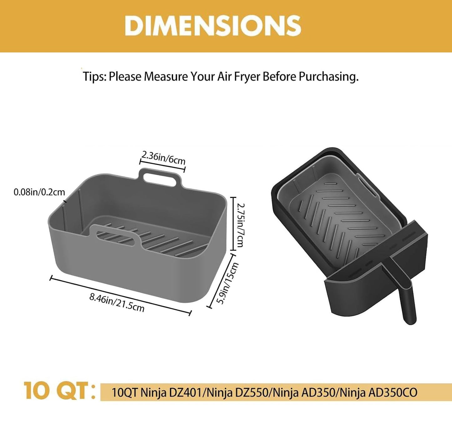 Silicone Air Fryer Liners 10QT, Reusable Airfryer Basket Liners for Ninja DZ550/DZ401, 2Pcs 5QT Large Air Fryer Accessories, Dishwasher safe (8.46 * 5.9 inch （10 QT）, DZ401 - Black)
