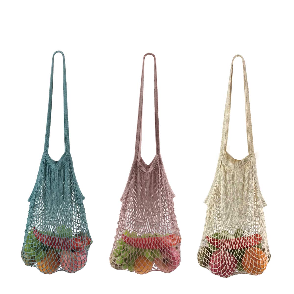 BYETIVE Net Shopping Bag Reusable Grocery Bags Net Storage Bag Long Handle Cotton Mesh Net Tote Bag Fruit Vegetable Net Bags Organizer