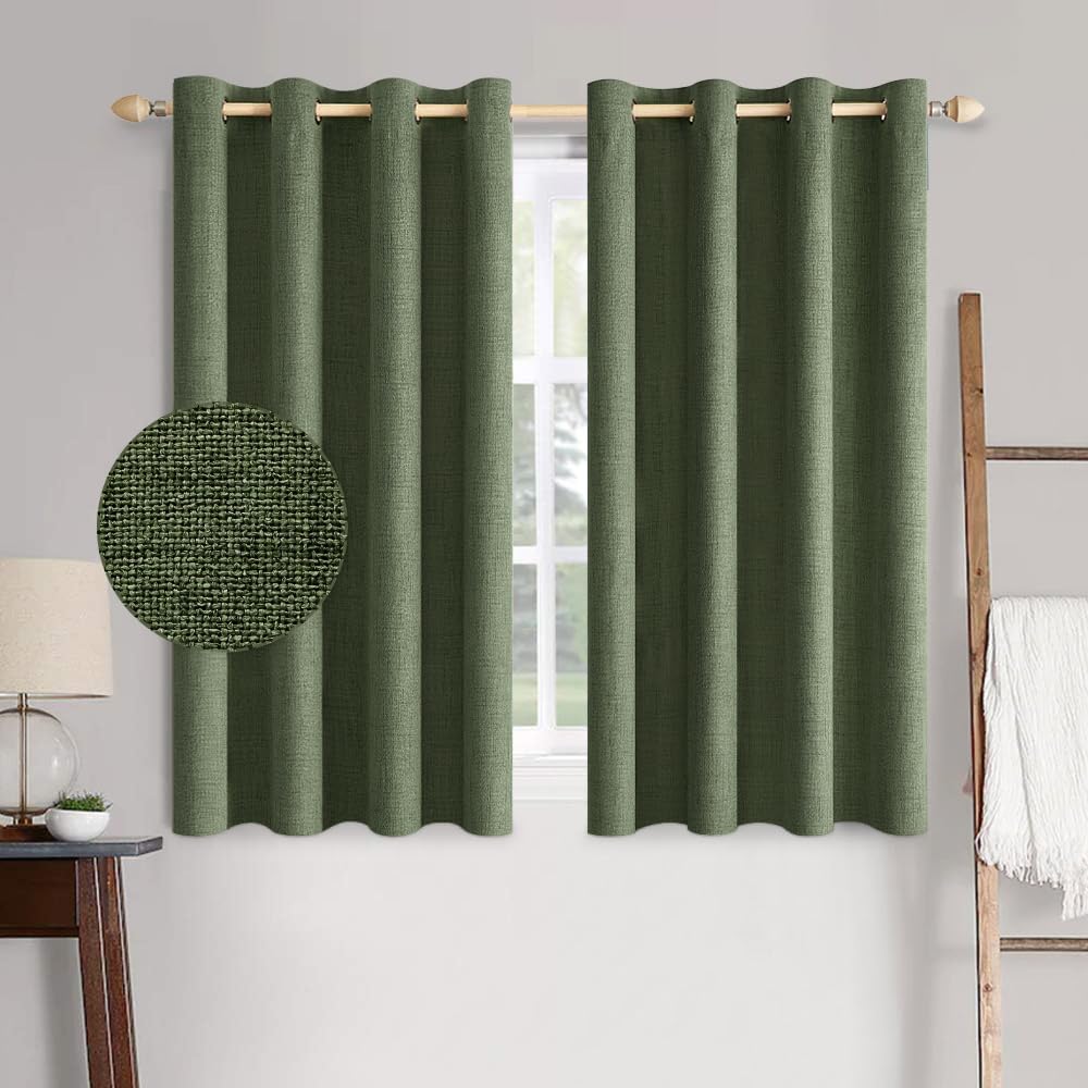 MIULEE 100% Blackout Curtains - Olive Green Linen Textured Thermal Insulated Drapes | 52 x 63 Inch (2 Panels)