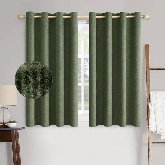 MIULEE 100% Blackout Linen Textured Curtains - Olive Green Thermal Insulated Drapes | 52 x 45 Inch (2 Panels)