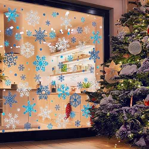 9 Sheets Glitter Snowflake Window Clings Christmas Window Decals Blue Silver Snowflake Windows Stickers Double-Sided Winter Windows Clings for Xmas Winter Holiday Wonderland Party Home Glass Decor