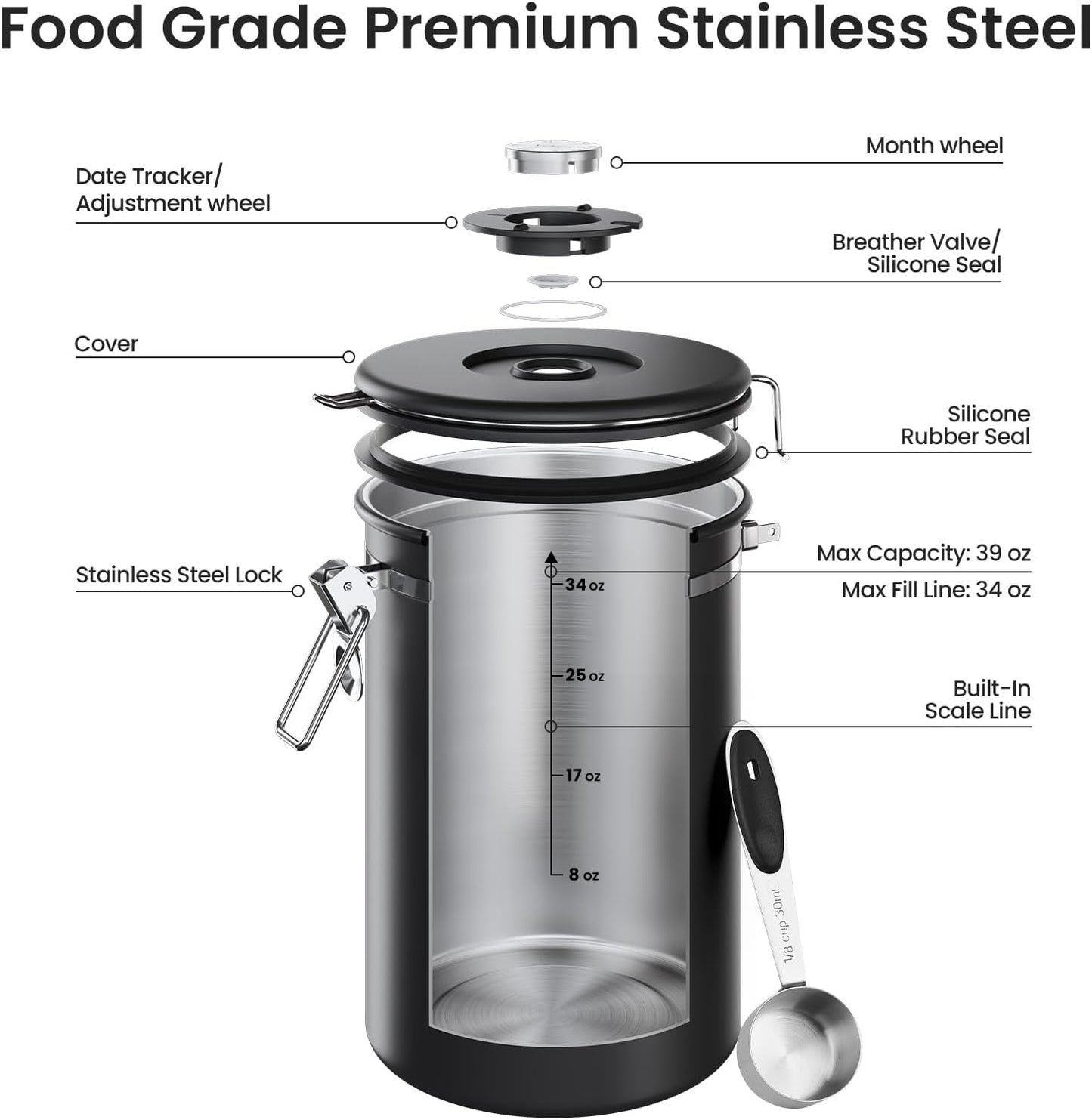 Veken Coffee Canister - Airtight Stainless Steel Food Storage Container | 39oz for Coffee, Sugar, Tea & More