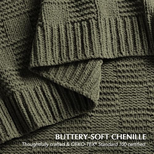 EverGrace Modern Checkered Chenille Throw Blanket - Olive Green 60x80