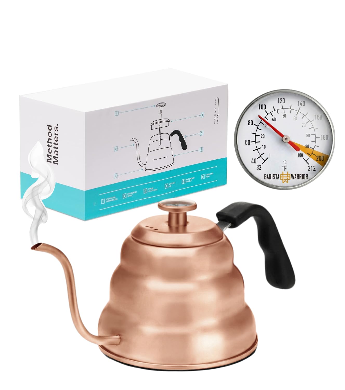 Barista Warrior Gooseneck Kettle with Thermometer - 1.2L Pour Over Coffee & Tea Kettle, Copper Coated Stainless Steel Gooseneck Kettle Pot, Precision Pour Drip Spout, Suitable for All-Stoves (40 floz)