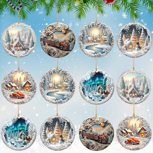 Sawysine 12 Pcs Christmas Winter Snowflake Deer Ornaments for Tree & Decor