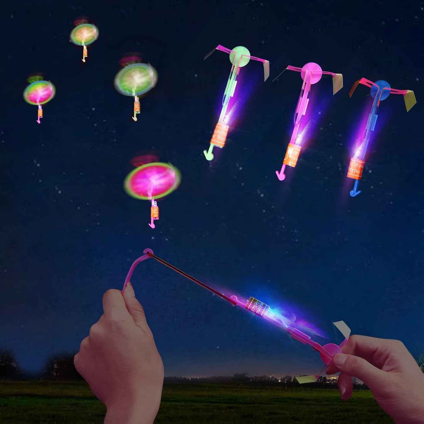 **LPVOQPTH LED Flying Toy Set - 25 Slingshot Glow Helicopters for Outdoor Fun | Ideal Party Favors for Kids 4-12**