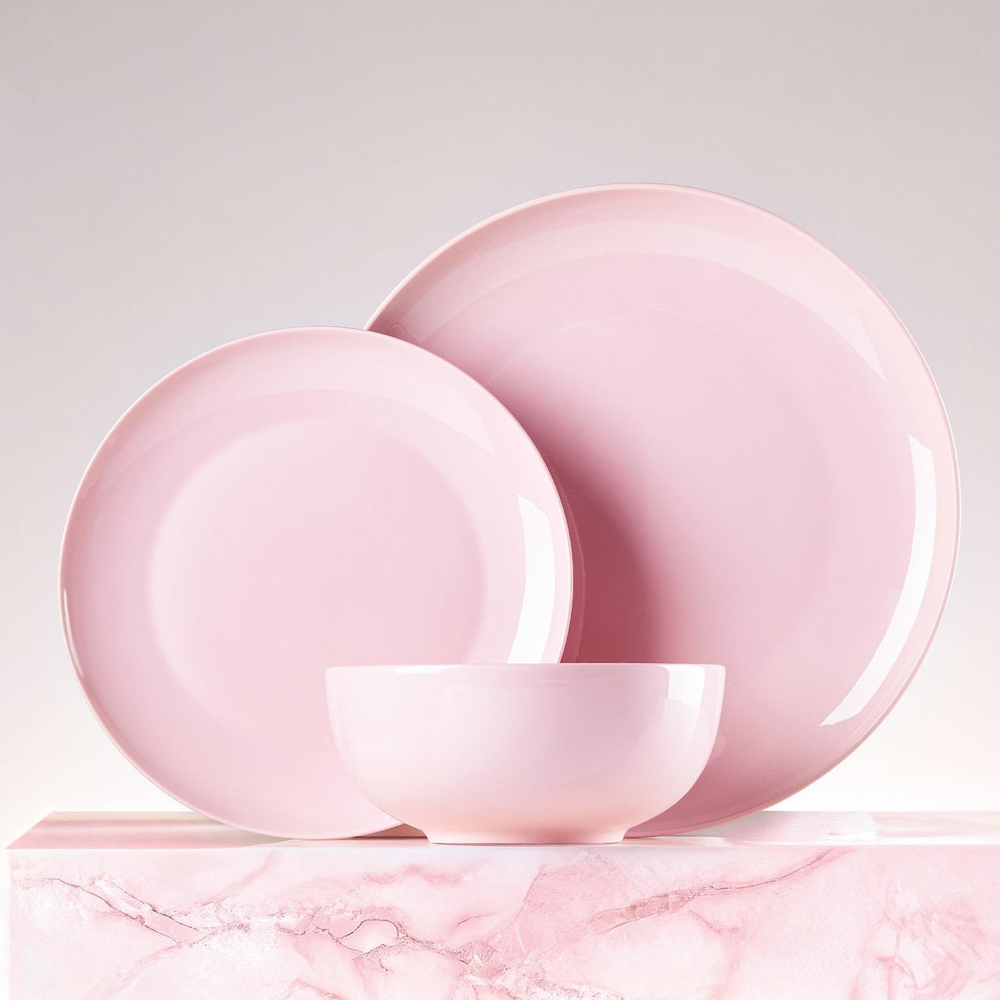 KINGSTONE 12-Piece Bone China Dinnerware Set for 4, Lightweight Porcelain Round Plates and Bowls Set, Durable Scratch Resistant Ceramic Dinner Set, Microwave & Dishwasher Safe, Sakura Pink