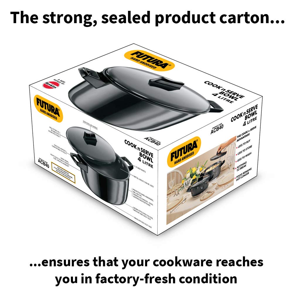 Hawkins Futura 4 Litre Cook n Serve Bowl, Hard Anodised Saucepan with Hard Anodised Lid, Sauce Pan for Cooking and Serving, Black (ACB40), Aluminium
