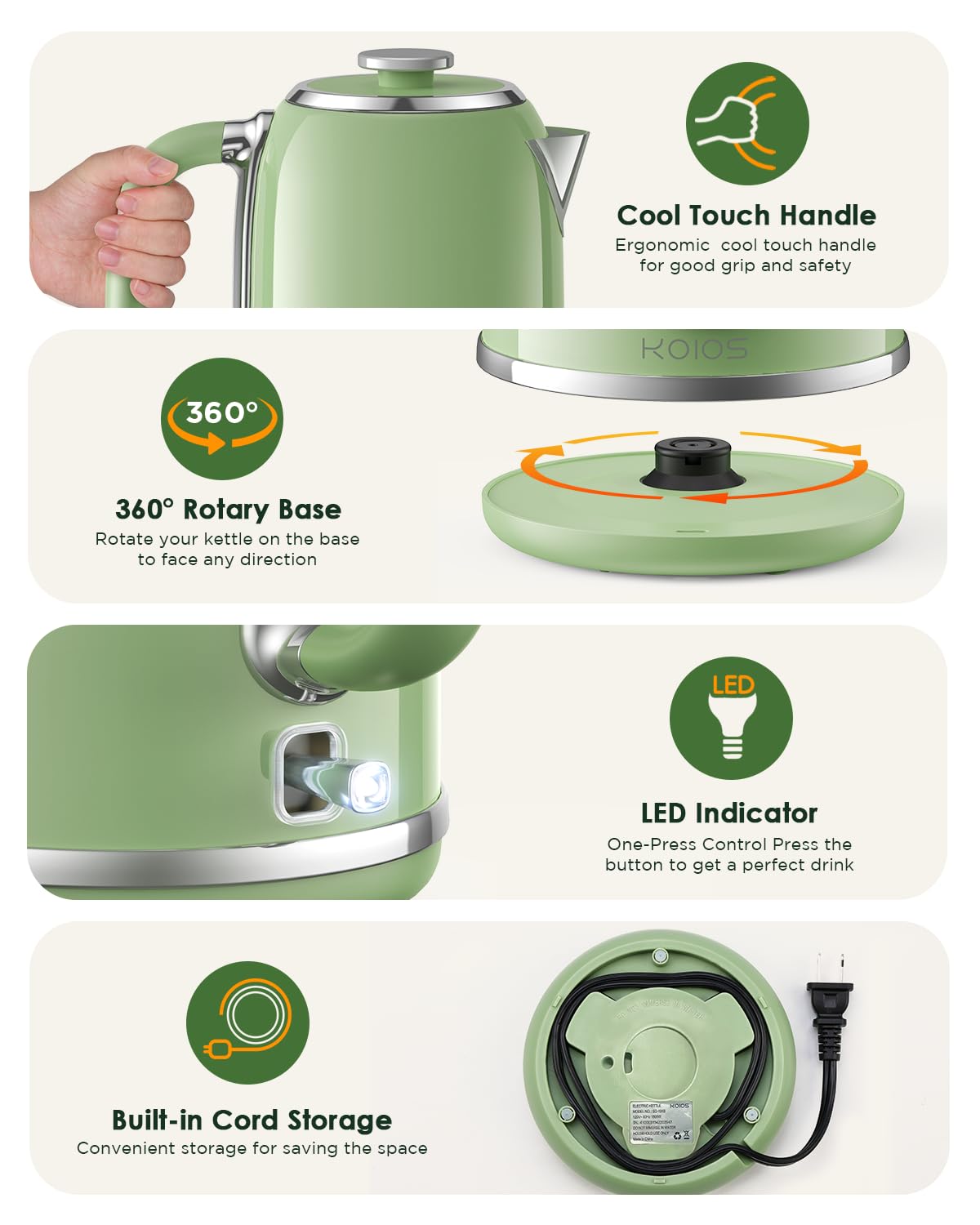 Electric Kettle 1.8L with Temperature Gauge, 1500W Fast Boiling Electric Tea Kettle, 100% Stainless Steel Retro-Style Hot Water Kettle Electric - Glowing LED Light, Auto Shut-Off & Boil-Dry Protection