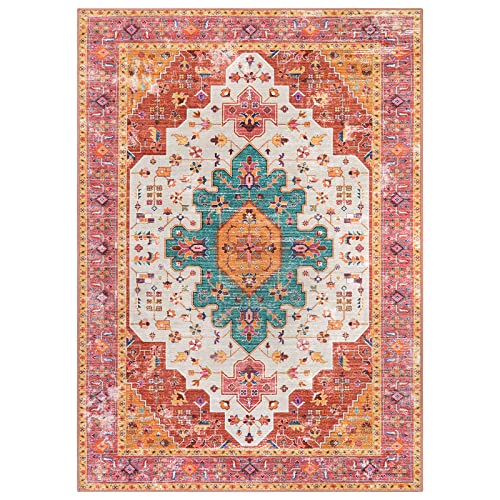 Ultra-Thin Washable Area Rug 5x7 Boho Vintage Medallion Floor Carpet Pink/Teal