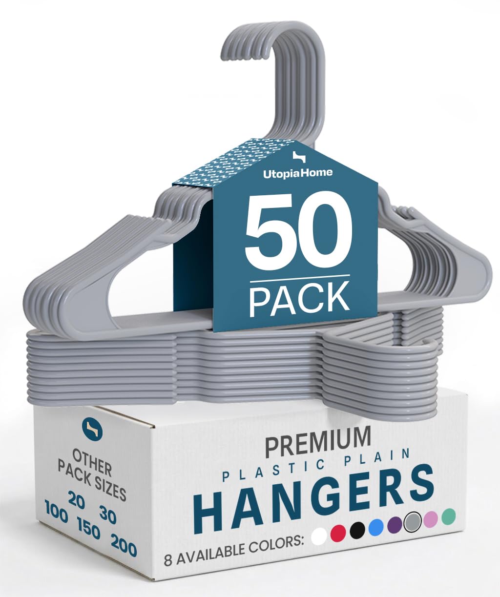 Utopia Home Plastic Hangers 50 Pack - Perfect Space Saving Clothes Hanger - Durable and Strong - Perfect Closet Organizers with Shoulder Grooves (Grey)