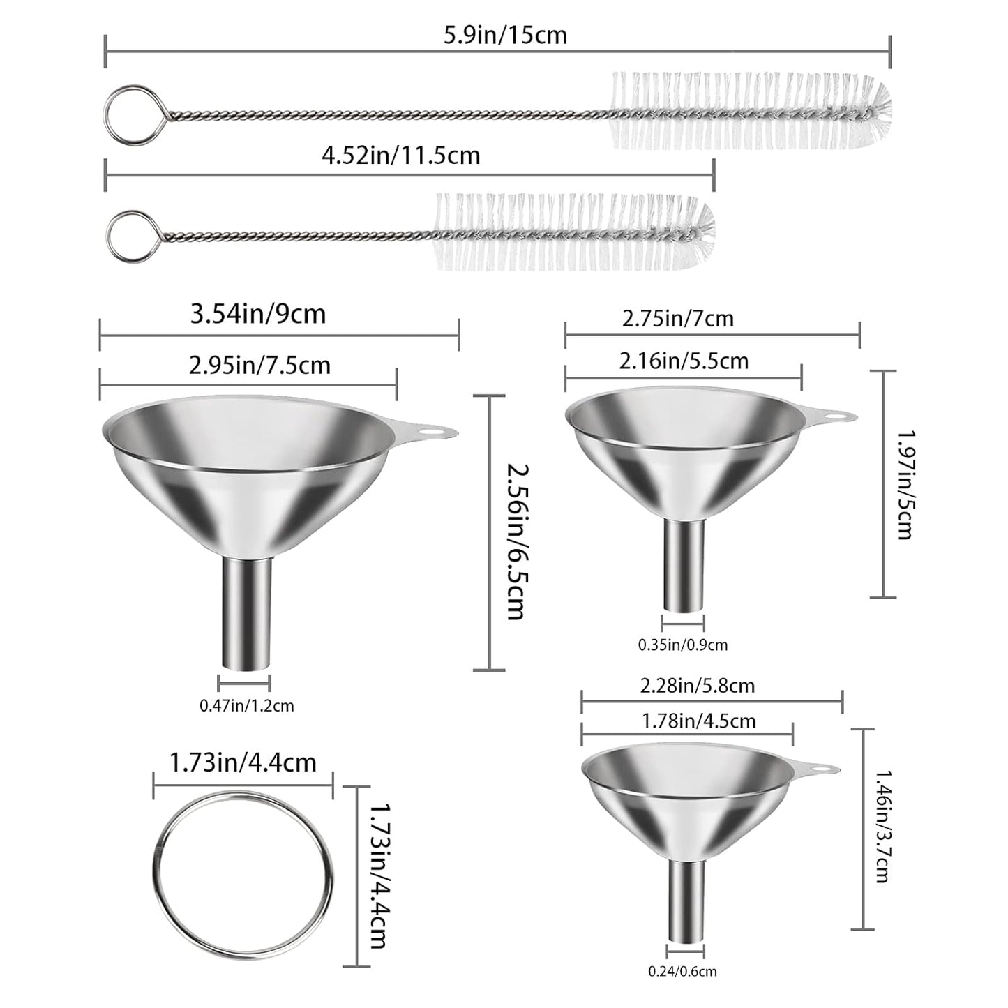 VOPTON Stainless Steel Mini Funnel Set - 6 Pcs for Kitchen Use | Food-Grade Metal & 2 Cleaning Brushes