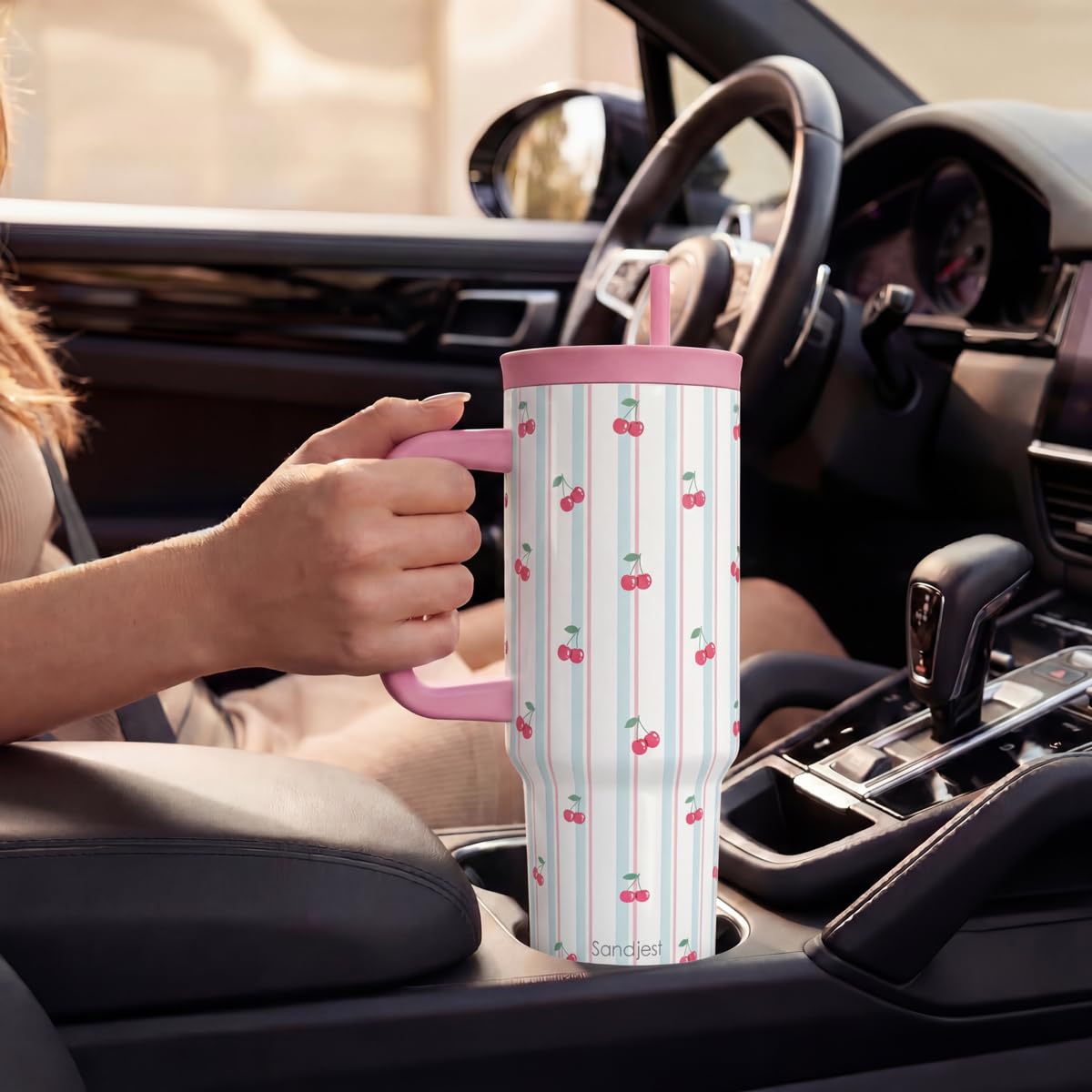 SANDJEST Cherry Stainless Steel Locking Lid Silicone Straw Tumbler with Handle 40oz, Insulated Stainless Steel Travel Cup for Women Girls Friends, Gift Idea for Birthday Christmas