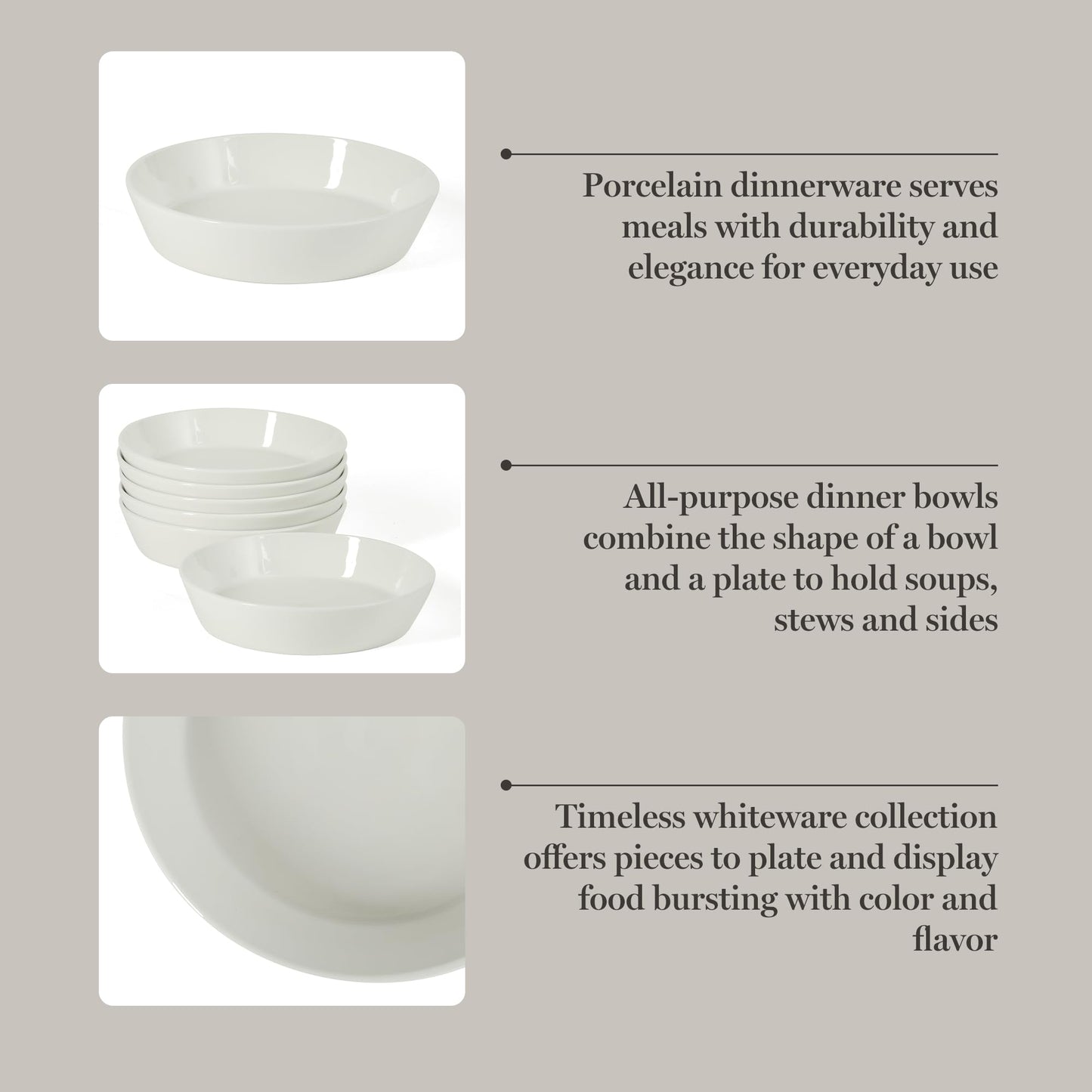 Martha Stewart Selma Pasta Bowls Set of 6, 43oz White Porcelain Soup Bowls & Salad Bowl, Wide and Shallow, Chip Resistant, Dishwasher & Microwave Safe