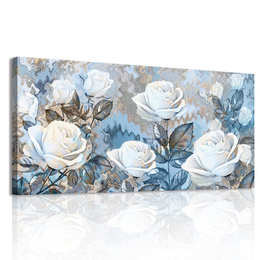 YIKG Living Room Rose Flower Wall Art Blue and White Floral Pictures on Canvas Prints for Home Walls Decor 48x24