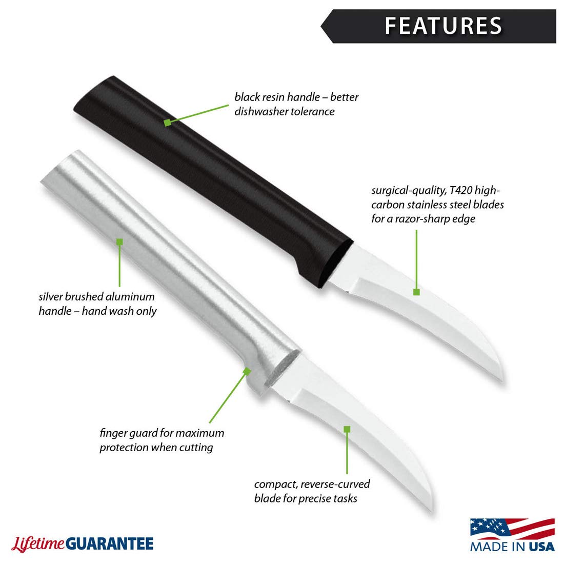 Rada Cutlery Granny Paring Knife (W200), 2.38" Stainless Steel Serrated Blade, Black Handle, Pack of 2