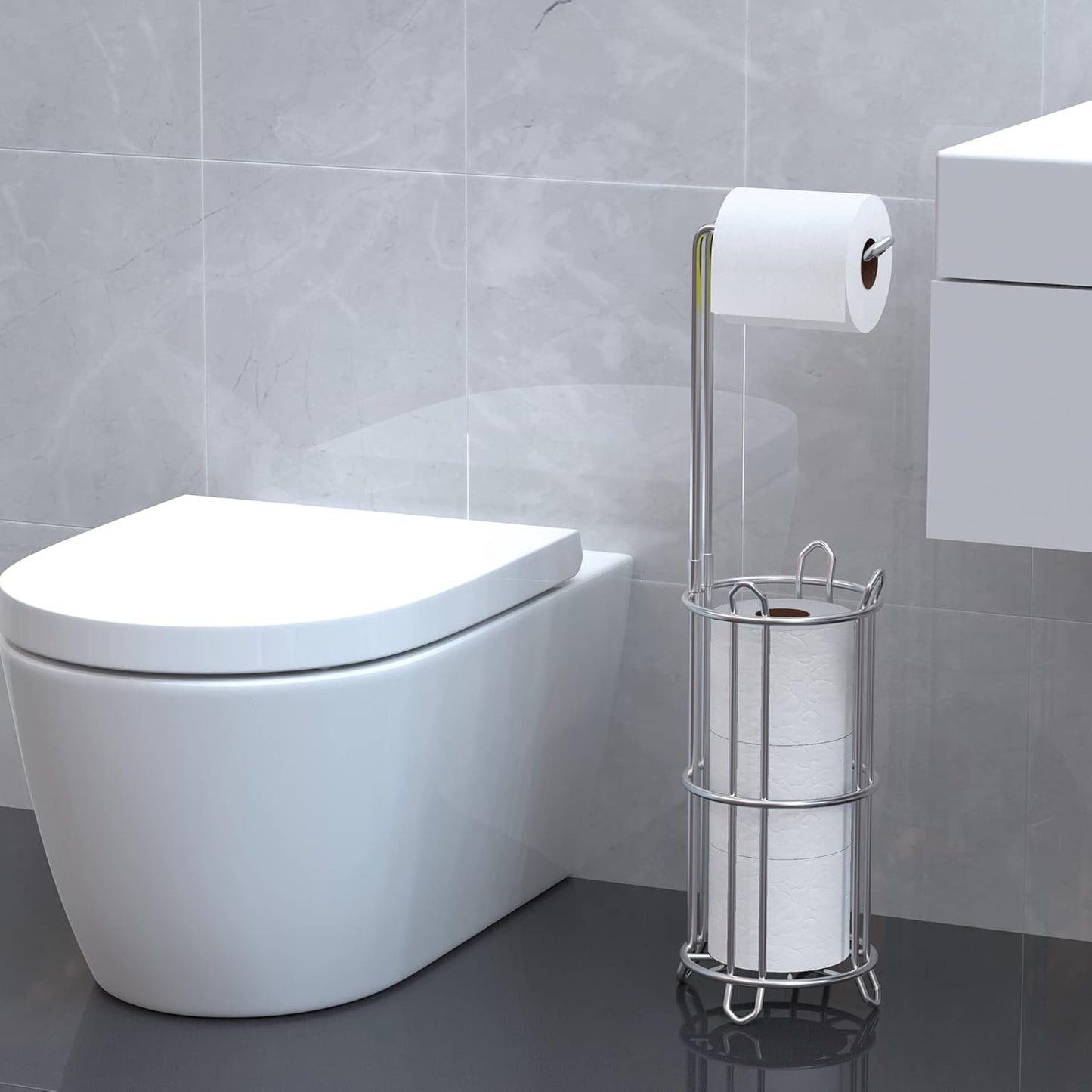Meangood Toilet Paper Holder Stand - Free Standing Tissue Roll Dispenser for 4 Mega Rolls | Silver Metal Design