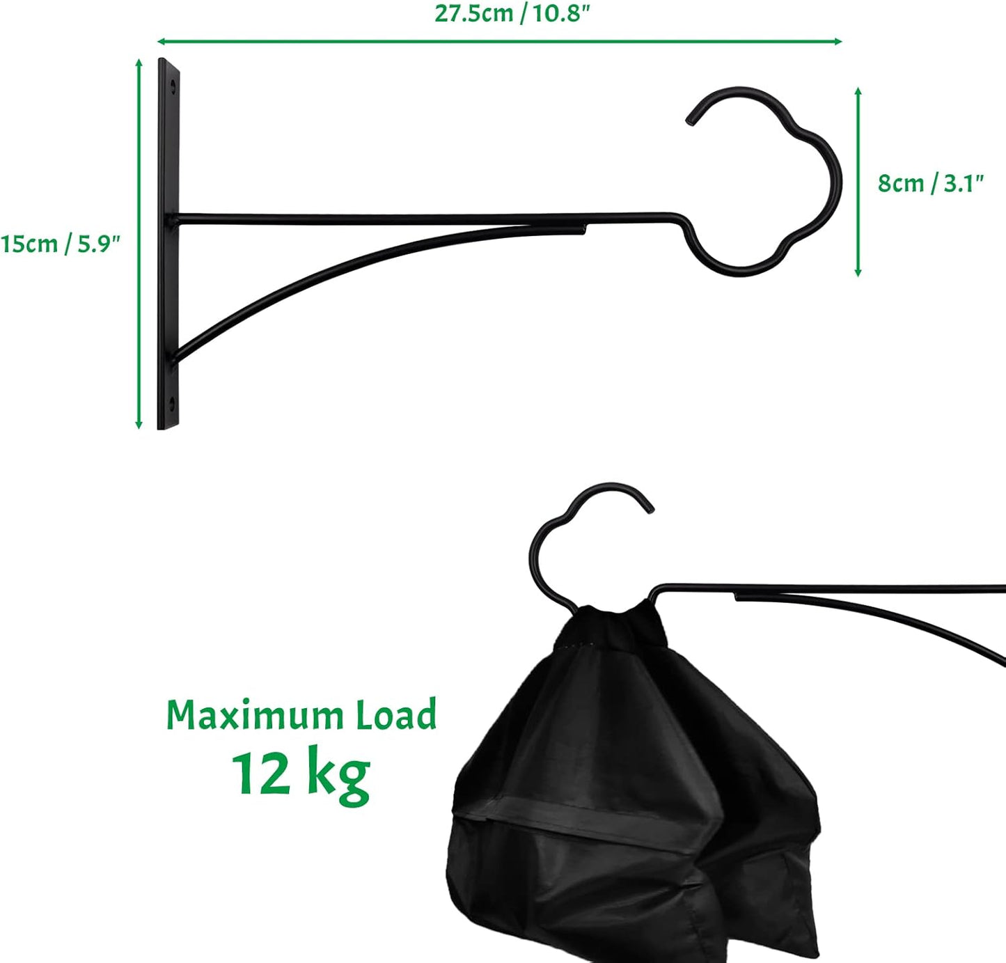 SNAIL GARDEN Hanging Plant Bracket - 2-Pack Metal Plant Hooks for Outdoor Baskets | Black Iron Design
