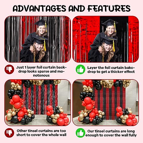 2 Pack 3.3x8.2 Feet Red and Black Foil Fringe Backdrop Curtains, Tinsel Streamers Birthday Party Decorations, Fringe Backdrop for Graduation, Movie Night, Horror Party