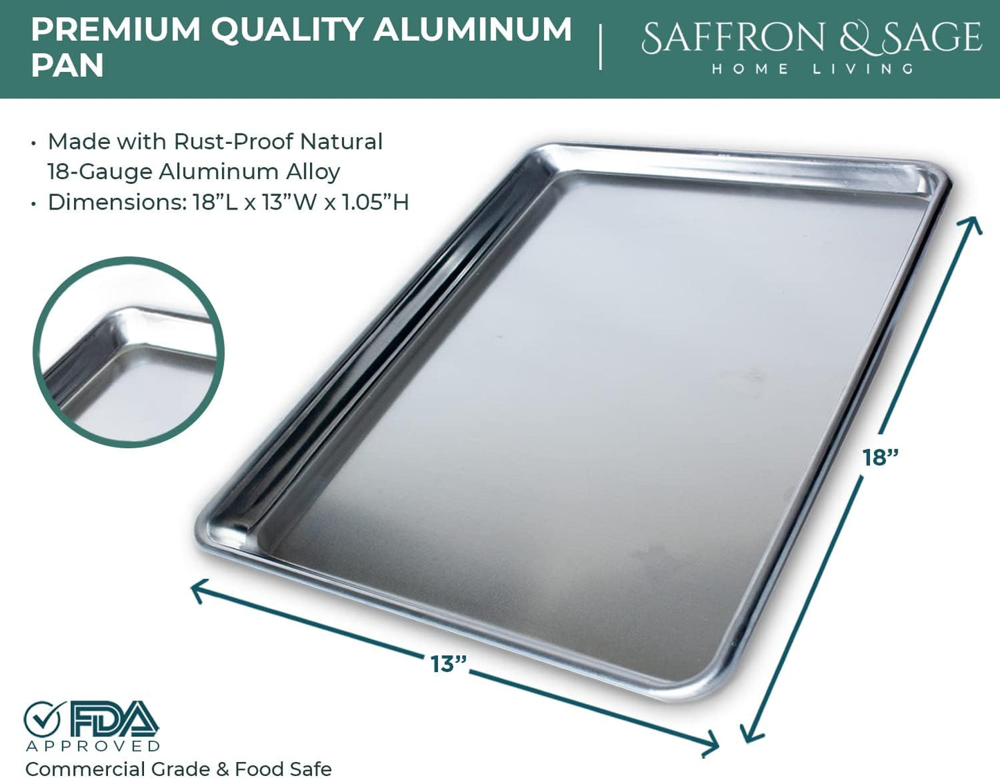 Saffron & Sage Home Living Commercial Quality Cookie Sheet Pan - 18x13 Heavy-Duty Aluminum Set (2 Pack)