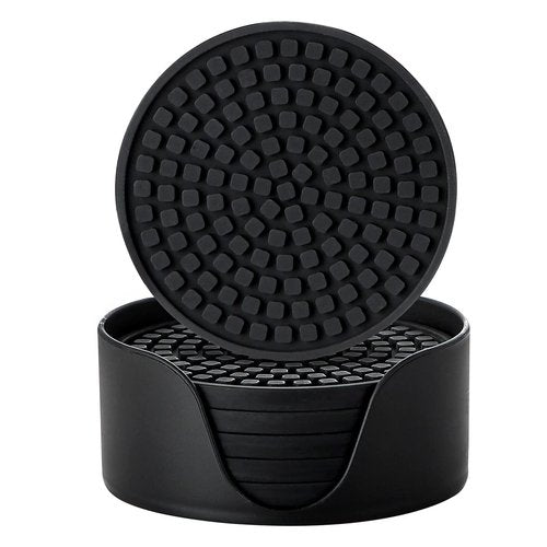 Colinda Silicone Drink Coasters with Holder, Set of 6, Outdoor Cup Mat for Hot or Cold Drinks, Thickened, Non-Slip,Non-Stick, Black