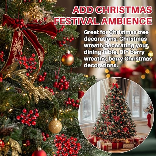 MAQIHAN Artificial Holly Berries - 150 Pcs Christmas Holly Berries Stems for Crafts Faux Holly Berries Artificial Red Holly Berry Stems for Christmas Wreath Christmas Tree Table Kitchen Wall Decor