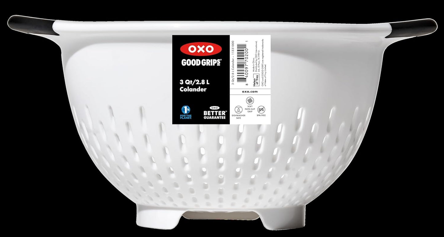 OXO Good Grips 3 QT Plastic Colander - Durable Kitchen Strainer for Effortless Food Preparation