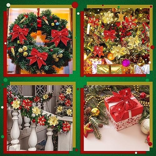 36Pcs Poinsettia Christmas Ornaments Set with Bows for Tree, Wreath & Centerpiece