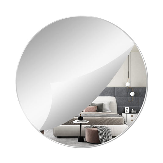 QEEYON 16'' Round Wall Mirror Self Adhesive Circle Glass Mirror HD Large Wall Mirror Makeup Mirror Frameless Decoration Wall Mirror for Bathroom, Bedroom, Living Room, Door etc