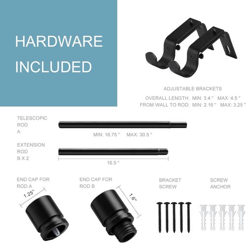 Byondeth Adjustable Curtain Rods - 16 to 60 Inches | 1 Inch Diameter with Black Aluminium Finials