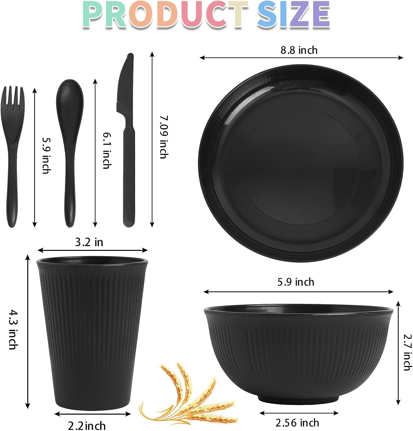 Skiennix 36-Piece Wheat Straw Dinnerware Set - Unbreakable Plates, Bowls & Cups | Dishwasher & Microwave Safe, Black