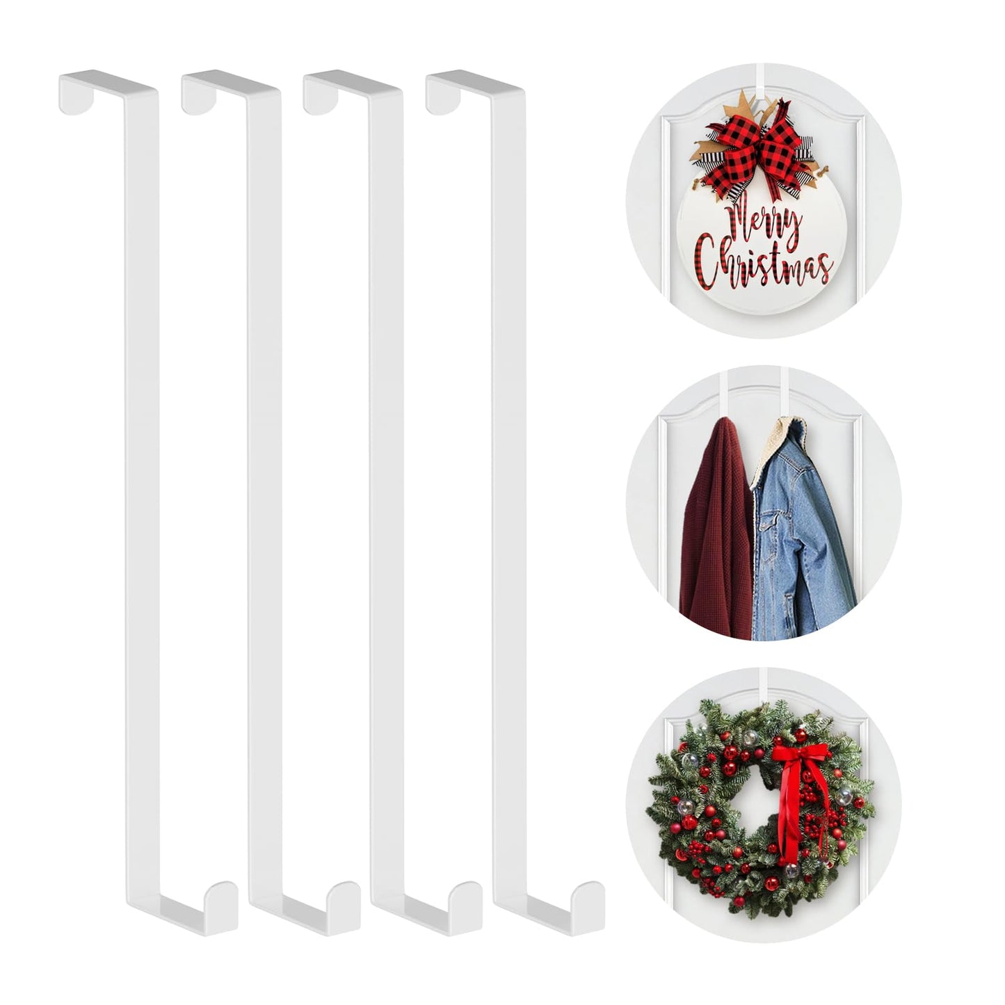 Booda Brand 14" Over The Door Hooks, 4 Pack Widen Wreath Hangers Fit The 1-3/4" & 1-3/8" Door Thicknesses, Z-Shaped Metal Door Hanger Hooks for Hanging Wreaths, Hats,and Clothes (White-4Pack)
