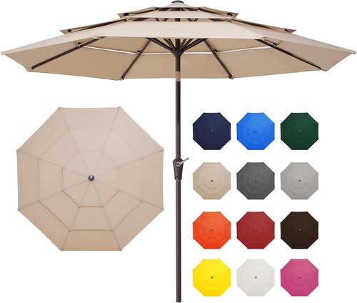 JEAREY 9FT Patio Umbrella - 3 Tier Outdoor Market Umbrella with UV Protection & Push Button Tilt - Beige