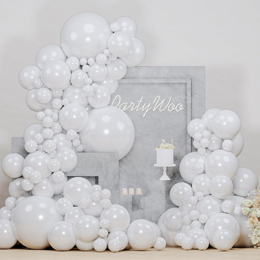 PartyWoo Pearl White Balloons - 152-Piece Metallic Latex Balloon Arch Kit for Weddings & Celebrations