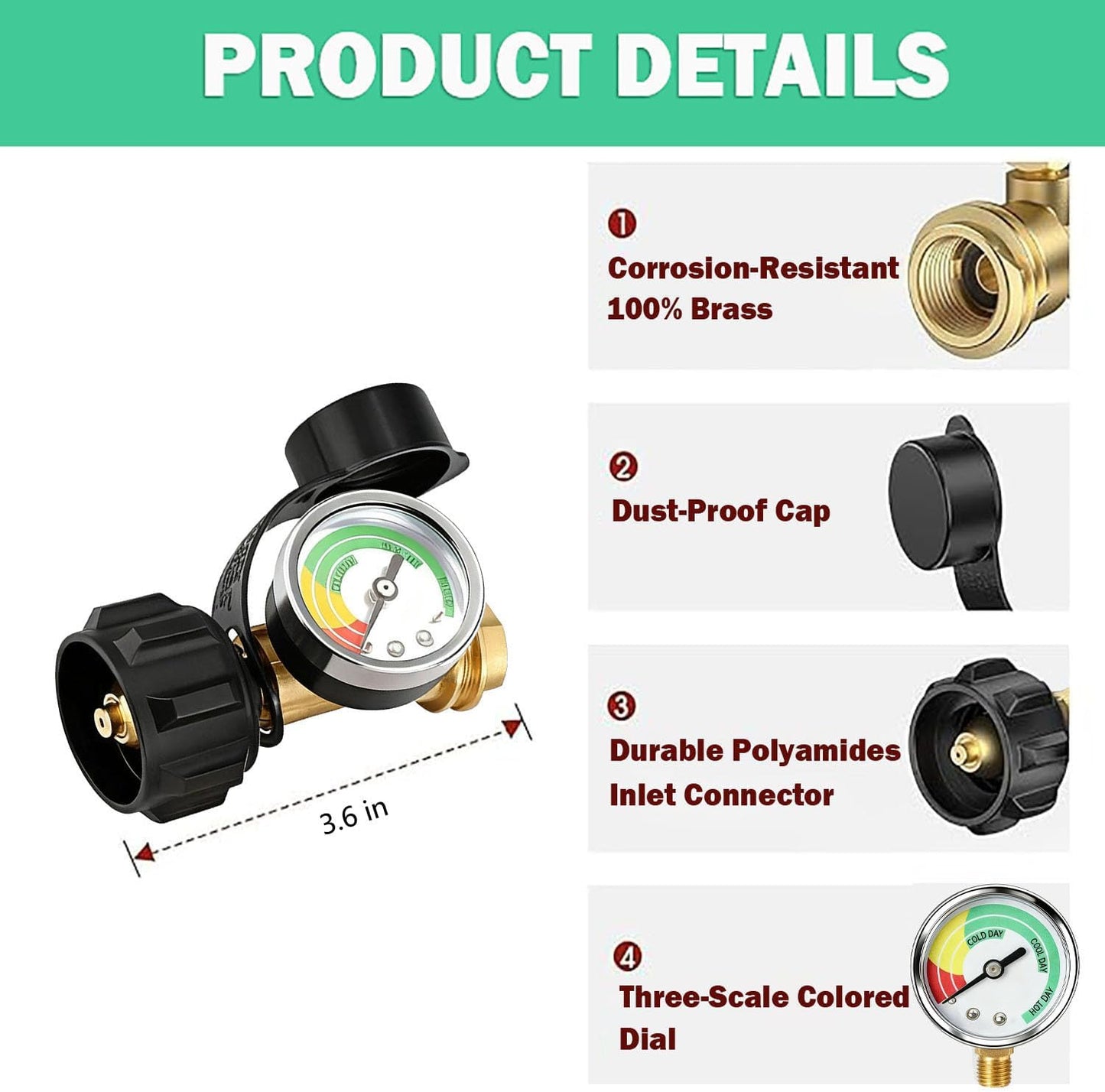 Propane Tank Gauge - Solid Brass Gas Pressure Meter | Easy Read Level Indicator for 5-40 LB Cylinders