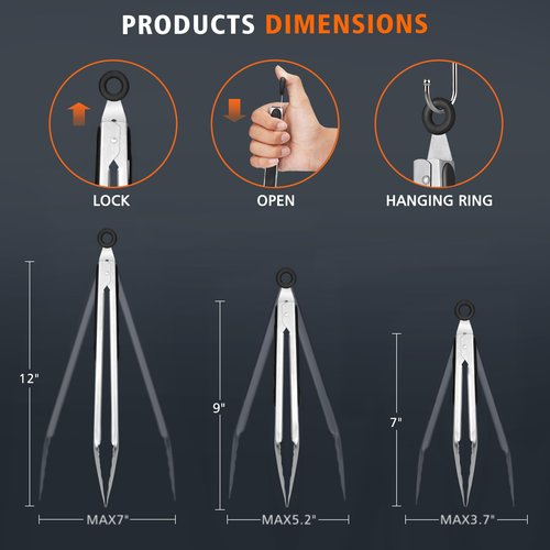 Hotec Stainless Steel Kitchen Tongs, Set of 3-7", 9" and 12", Locking Metal Food Tongs for Cooking, Serving, BBQ, Grill Non-Slip Grip