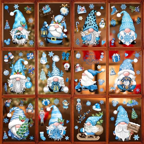 BORAMDO Xmas Gnome Snowflake Window Clings 12 Sheets - Watercolor Holiday Decals (Variation: Xmas Gnome-C)