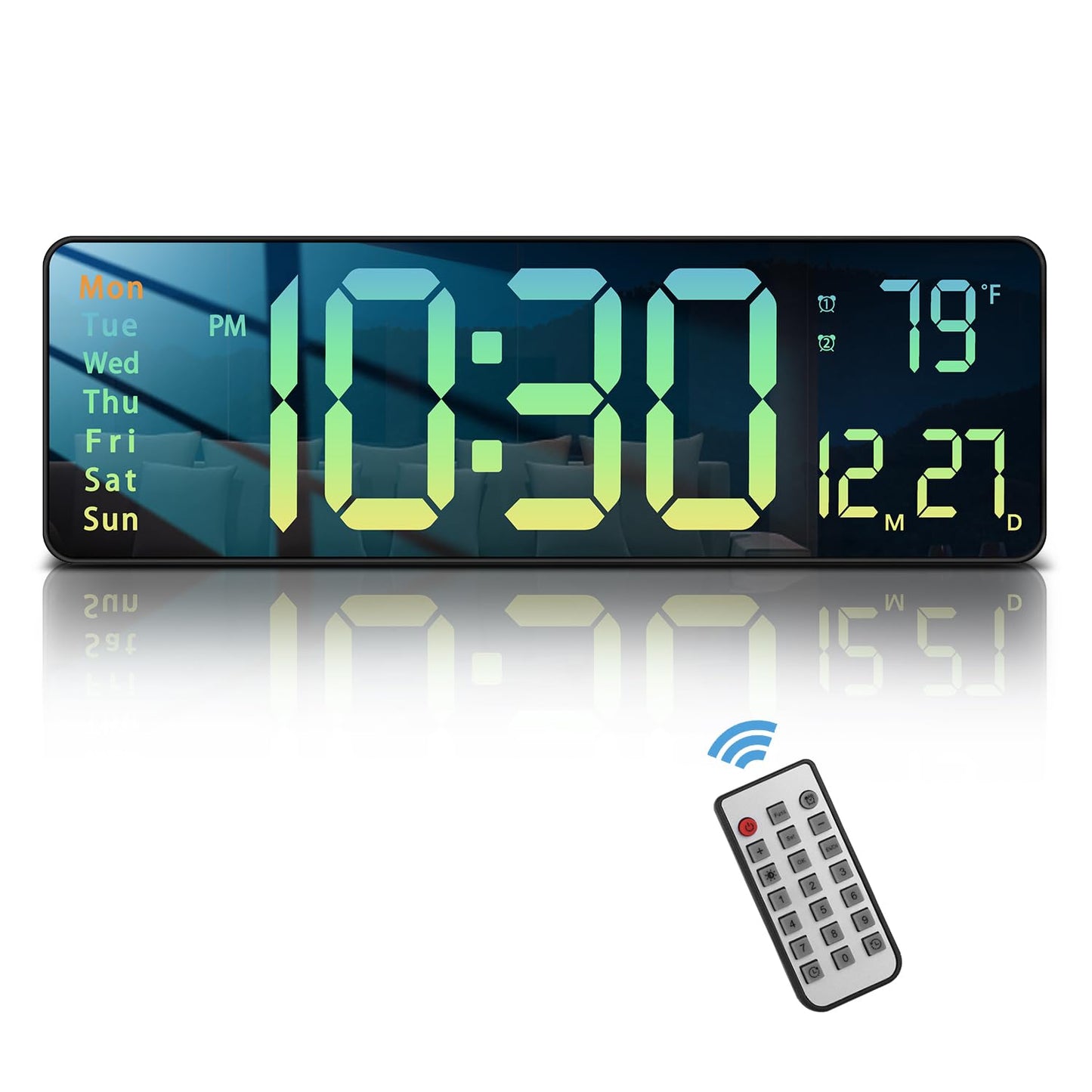 Modern 16" Large Digital Wall Clock with Remote Control, LED Display, Auto-Dimming, Countdown, Temperature, Calendar - 12/24Hr Format - Silent Wall Clock for Home, Office (Gradient Green)