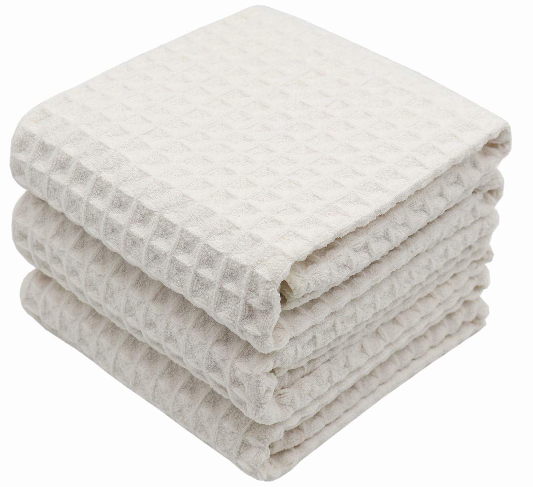VeraSong Waffle Weave Kitchen Drying Towels - Thick Microfiber, Absorbent, Lint Free 16Inch x 24Inch 3 Pack Beige