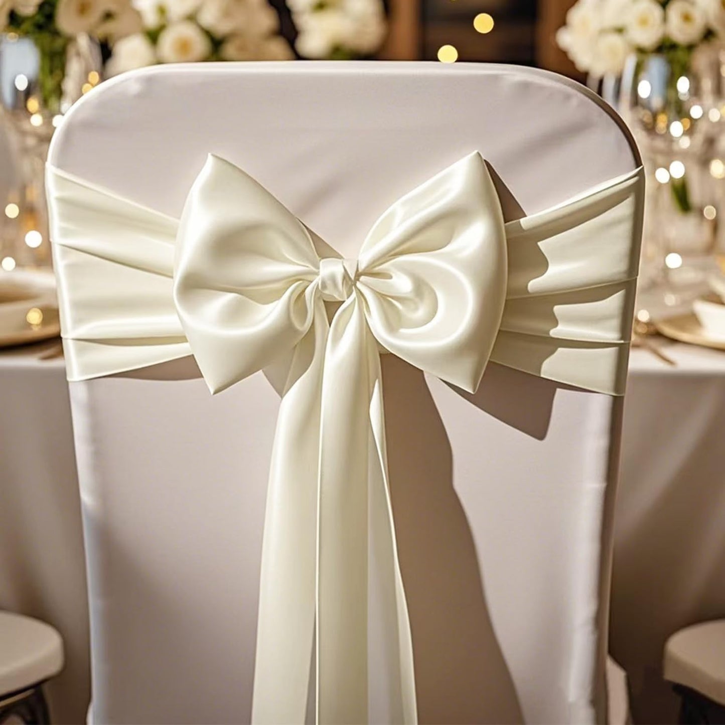 Regine Switzerland Satin Chair Sashes - Elegant Ivory Bows for Weddings | 7x108 Inch, Pack of 50