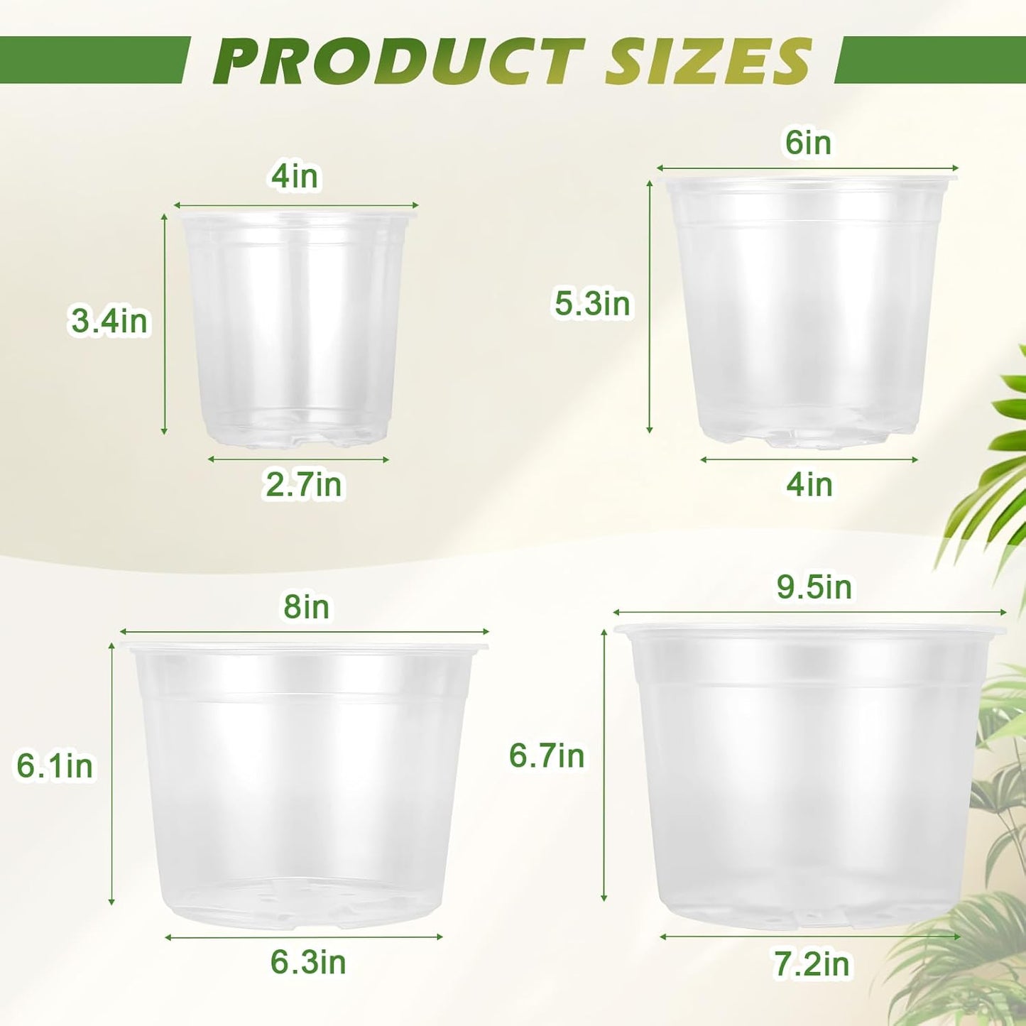 Skiennix Large Clear Nursery Pots - Durable Plastic Plant Pots with Drainage Holes | 4/6/8/10 Inch, 16 Pack