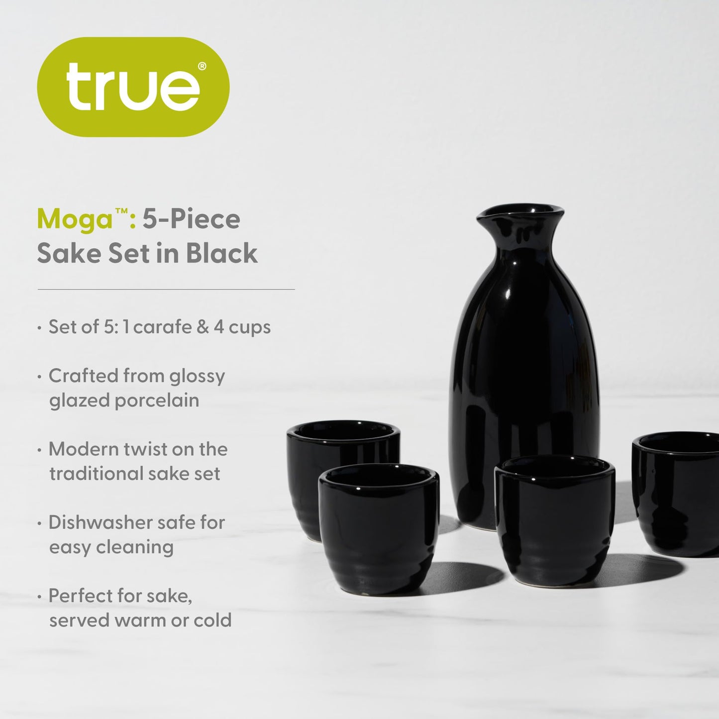 True Moga Sake Set, Pitcher and tumbler set for Sake, Japanese Style Sake Stoneware, Four 3.5 oz Cups and one 8 oz. Carafe, Fire glazed Porcelain, Set of 5, Black