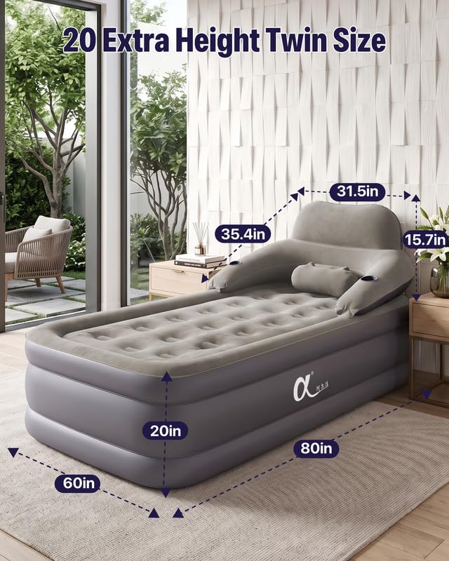 Twin XL Air Mattress with Built-In Rechargeable Pump & Detachable Headboard
