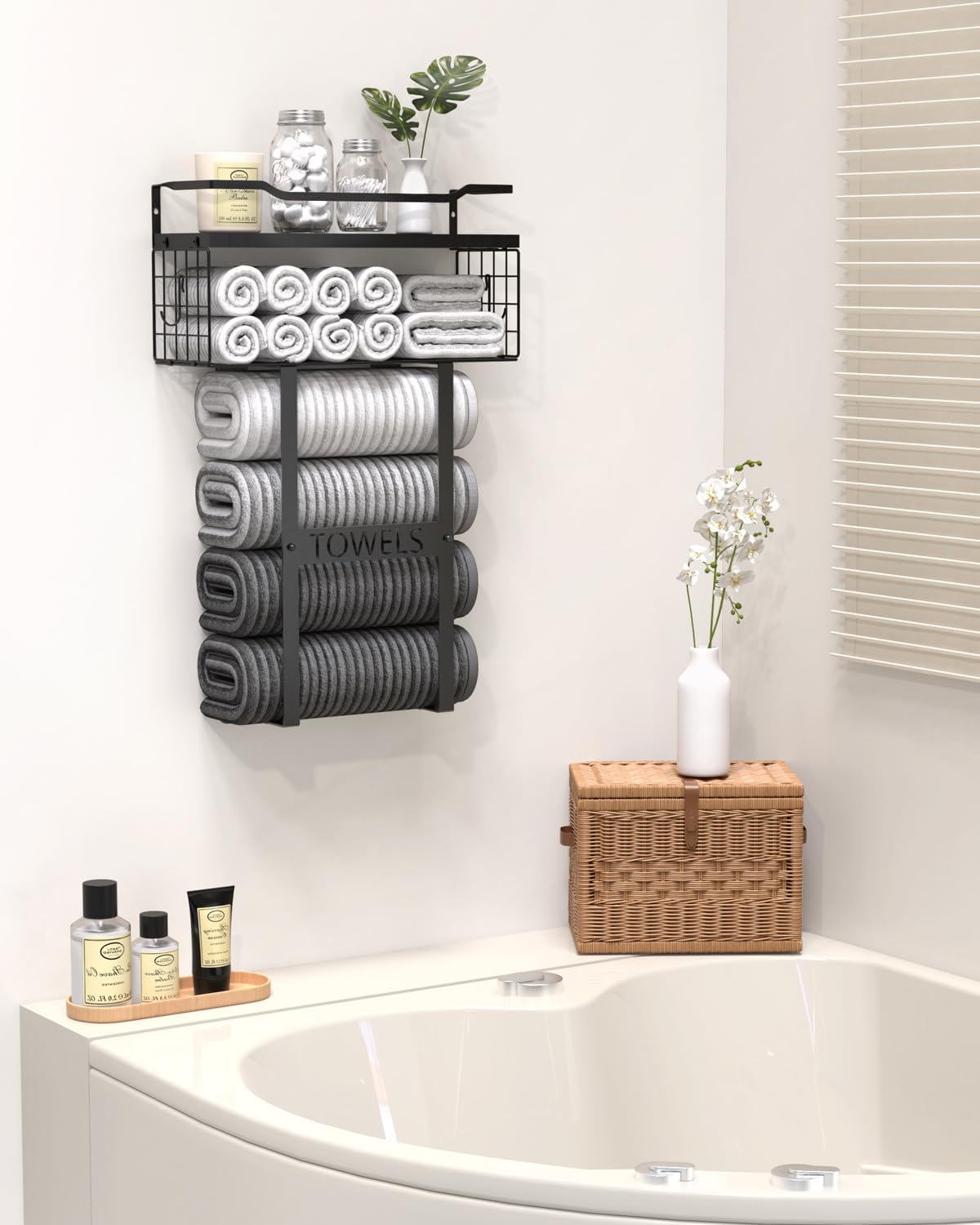 Wood Wall Mounted Towel Rack by [Brand Name] - Stylish Bathroom Storage Organizer in Black