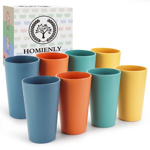 Homienly Reusable Plastic Cups - Wheat Straw Unbreakable Drinking Glasses & Water Glasses | Multi-Color Stackable Plastic Cups, Dishwasher Safe | Glassware & Cup Sets for Kitchen (20 oz 8-Pack)