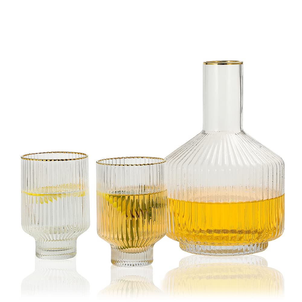 1500° C TABLETOP Bedside Water Carafe and Drinking Glass, 59 oz Carafe 2 Tumblers 13 oz, Mouthwash Decanter With Gold Rim Bedside Glass Set for Nightstand, Gifts