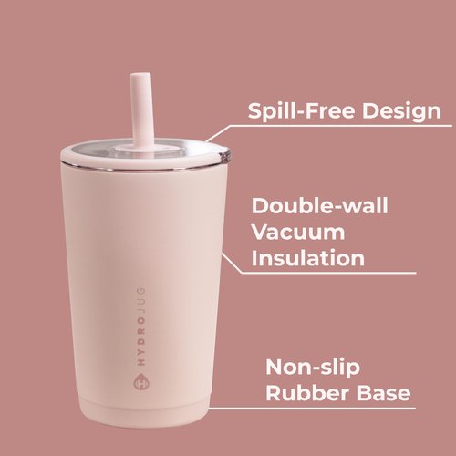 HydroJug Everyday Tumbler 14 oz – Ceramic-Lined Insulated Tumbler with Straw and Soft-Touch Lid, Cup Holder Friendly, Double-Wall Vacuum Insulation, Reusable Travel Cup – Dusty Rose