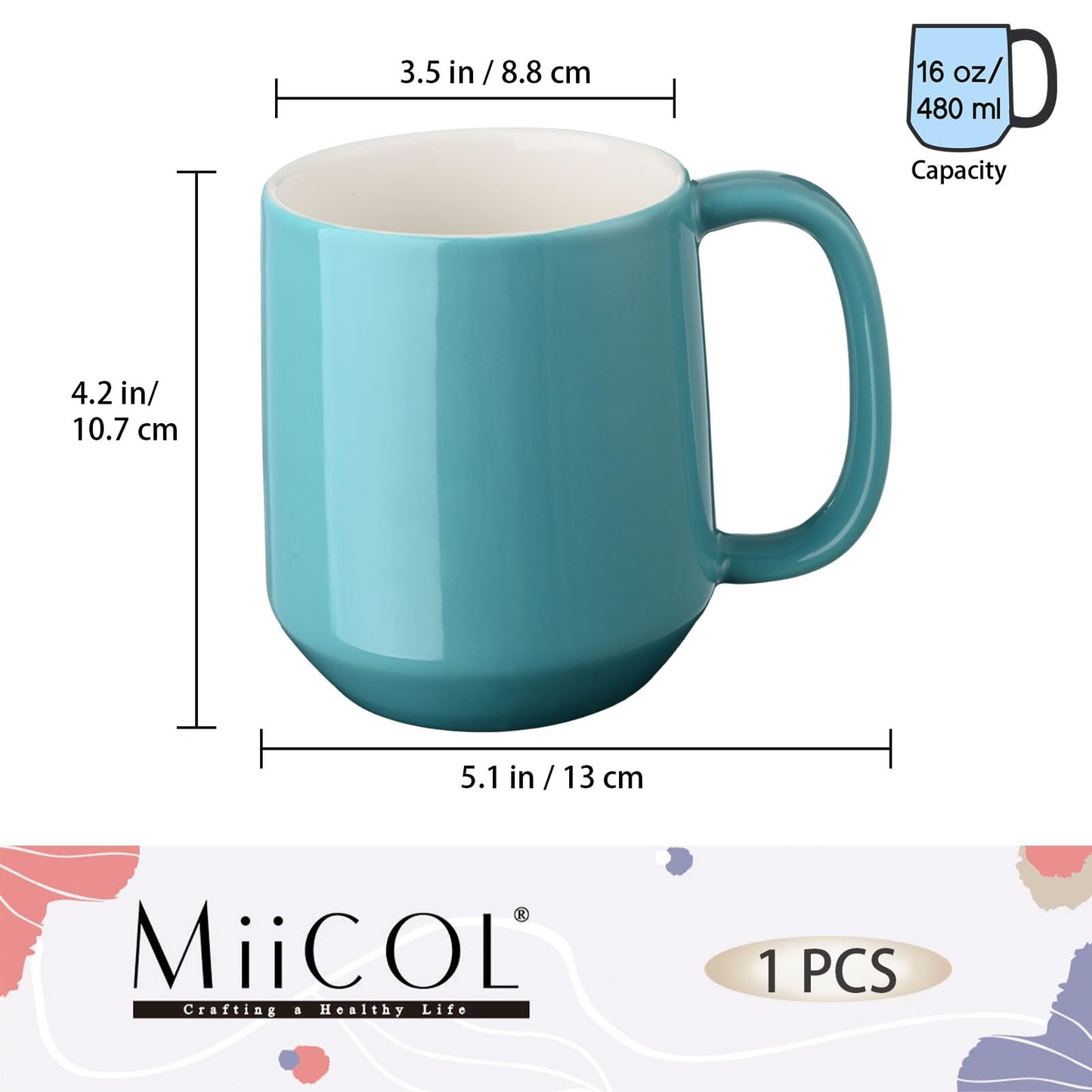 Miicol Ceramic Coffee Mug, 16 oz Large Coffee Cup, Tea Mug with Handle, Flat Bottom Mug for Men, Women, Office, Microwave and Dishwasher Safe, Multi-Color, Mint Blue